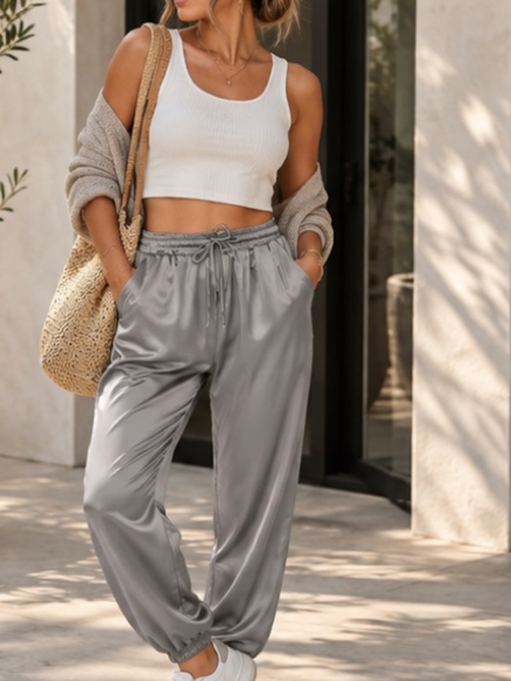 Gray Satin Jogger Pants Elastic Waist Drawstring Small